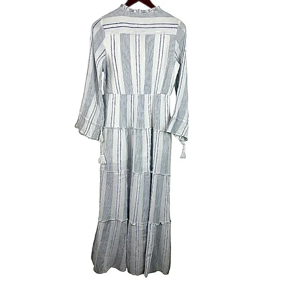 NWT RAGA Fleri White and Blue Striped Floral Embroidered Tie Long Sleeve Dress - Picture 11 of 13